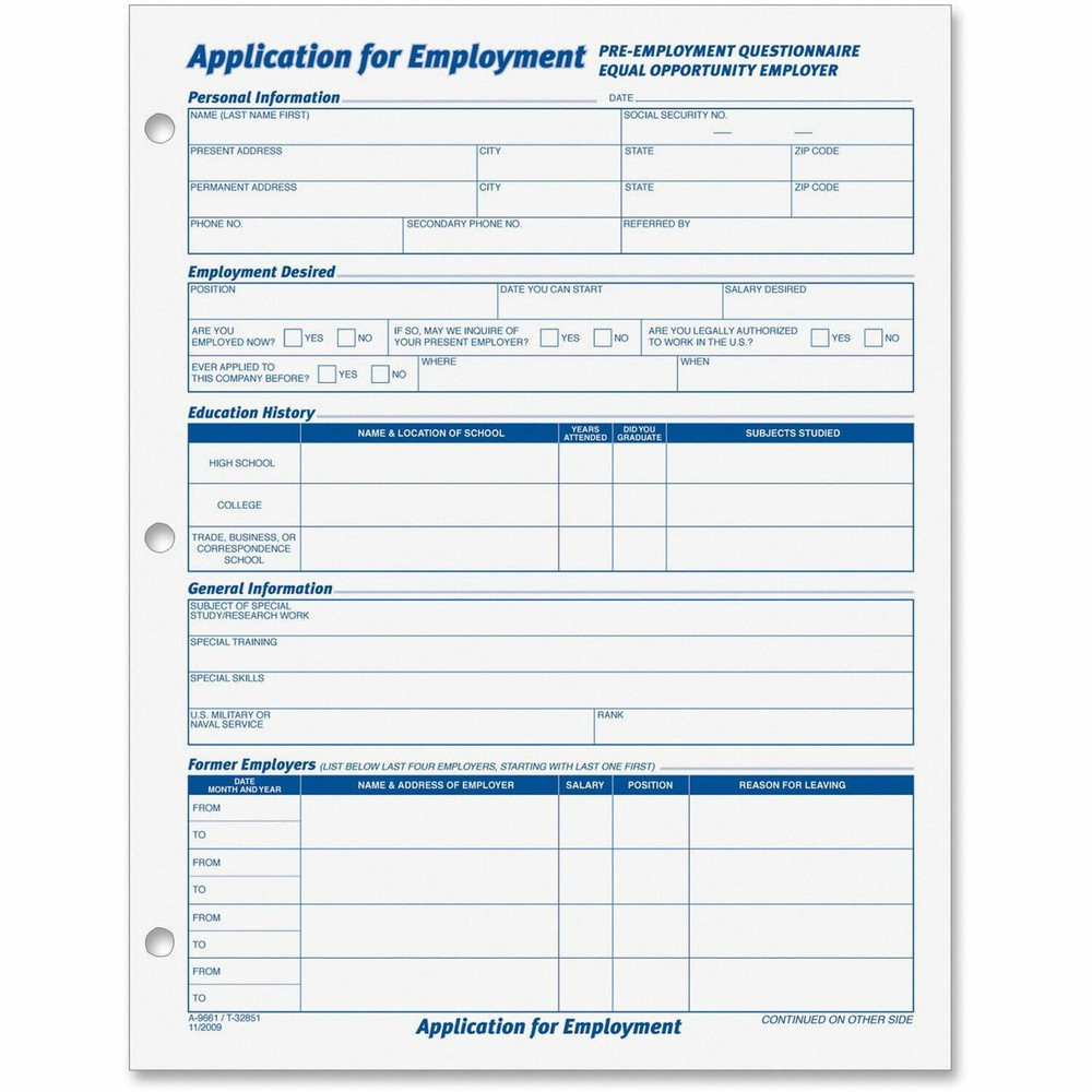 TOPS Products TOPS 32851 TOPS Employment Application Forms