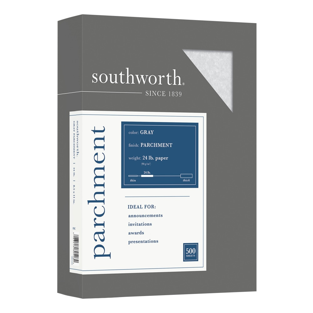 Get quality prints of certificates, invitations, and other impressive forms with this Southworth Parchment Paper. The parchment finish produces a sophisticated appearance and brings an Old-World look and feel to your documents. This Southworth parchment specialty paper is acid-free and lignin-free so your documents wonT yellow or disintegrate over time.  Parchment paper is perfect for special documents that need an Old World distinctiveness  Paper size: 8.5inW x 11inL  Compatible with most copiers and inkjet and laser printers.  Acid-free and lignin-free  Gray paper with Parchment finish  Each box contains 500 sheets  Paper weight: 24 lbs.