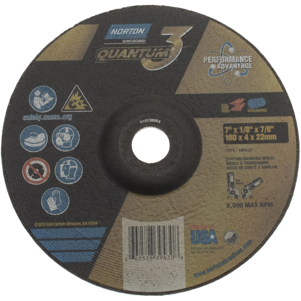 Norton 66252839430 Depressed Grinding Wheel:  Type 27,  7" Dia,  1/8" Thick,  7/8" Hole,  Ceramic Alumina