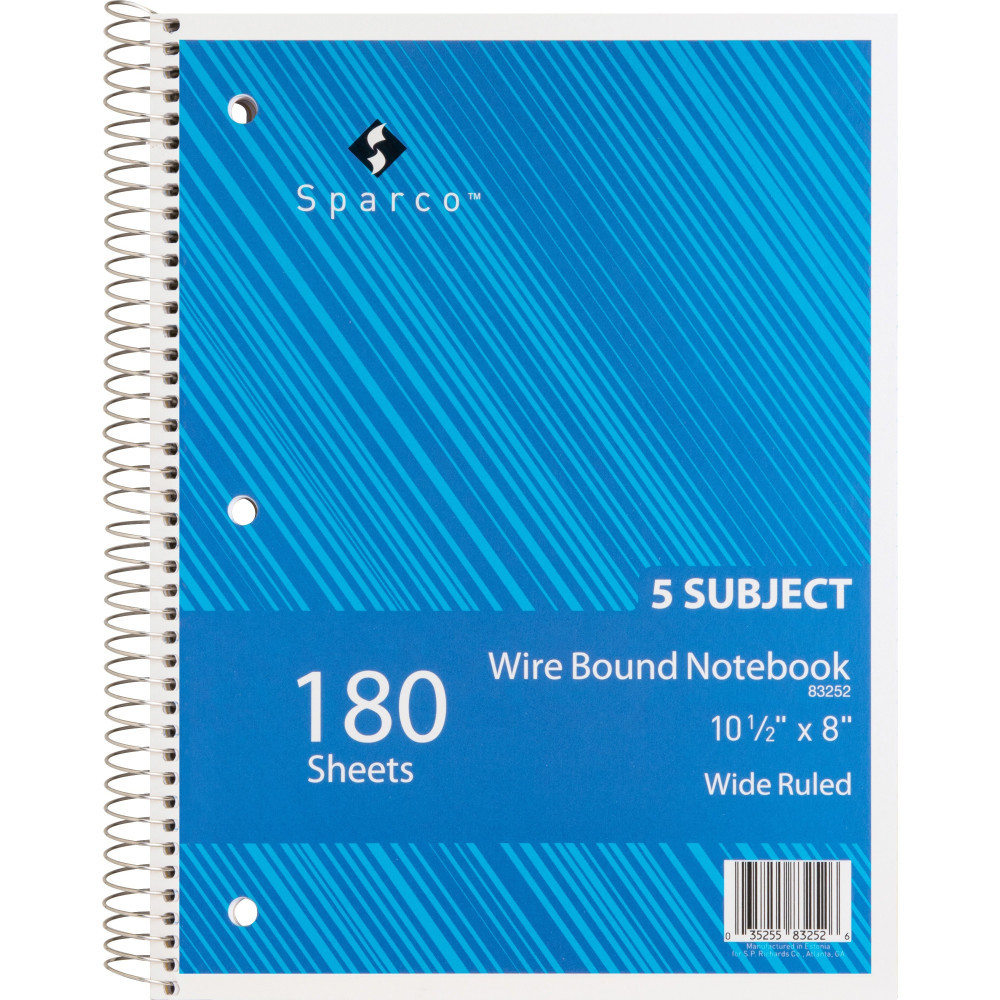 SP RICHARDS Sparco 83252  Quality Wire-Bound Wide Ruled Notebook, 8in x 10 1/2in, 180 Sheets, Bright White/Cover Assorted Colors