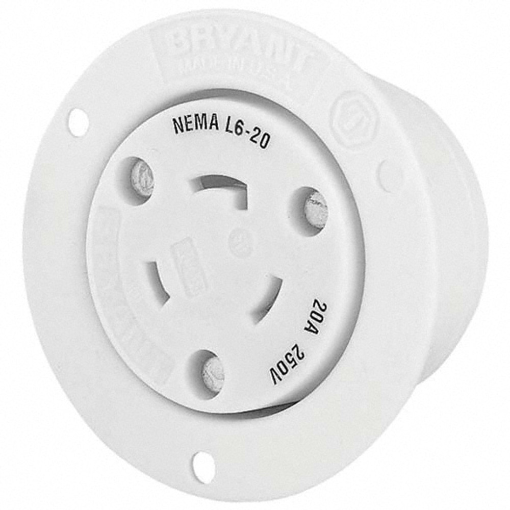 Bryant Electric 70620ER Twist Lock Receptacles; Receptacle/Part Type: Receptacle; Gender: Female; NEMA Configuration: L6-20R; Flange Style: Flanged; Amperage: 20 A; Voltage: 250 V ac; Number Of Poles: 2; Number Of Wires: 3; Maximum Cord Diameter: 16.