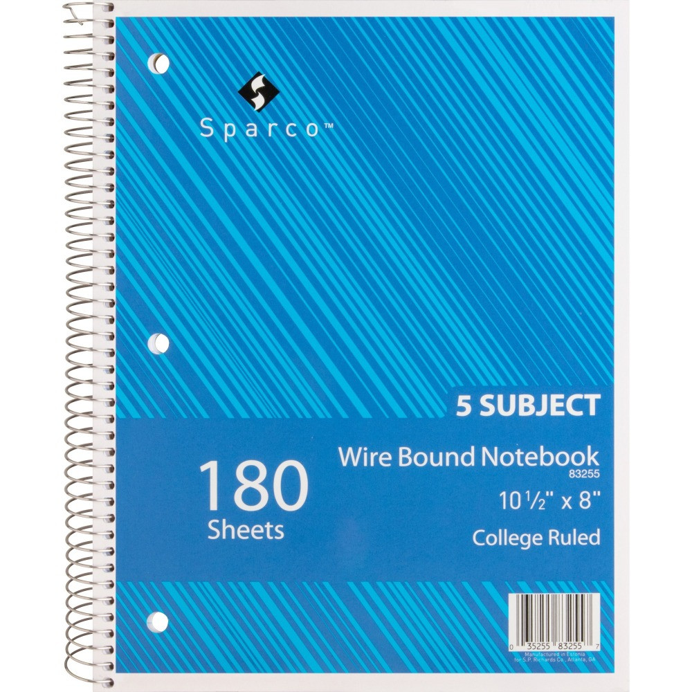 SP RICHARDS Sparco 83255  Wirebound Notebook, 8in x 10 1/2in, College Ruled, 180 Sheets, Assorted Colors