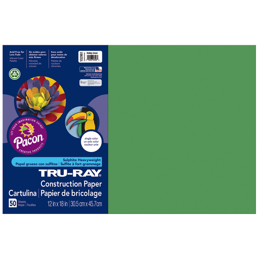 PACON CORPORATION 102961 Tru-Ray Construction Paper, 50% Recycled, 12in x 18in, Holiday Green, Pack Of 50