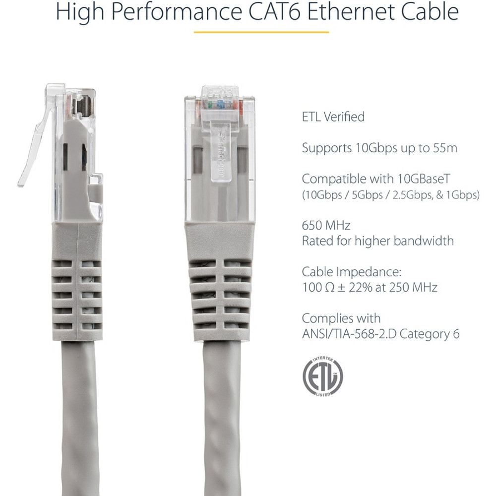 StarTech.com C6PATCH15GR StarTech.com 15ft CAT6 Ethernet Cable - Gray Molded Gigabit - 100W PoE UTP 650MHz - Category 6 Patch Cord UL Certified Wiring/TIA