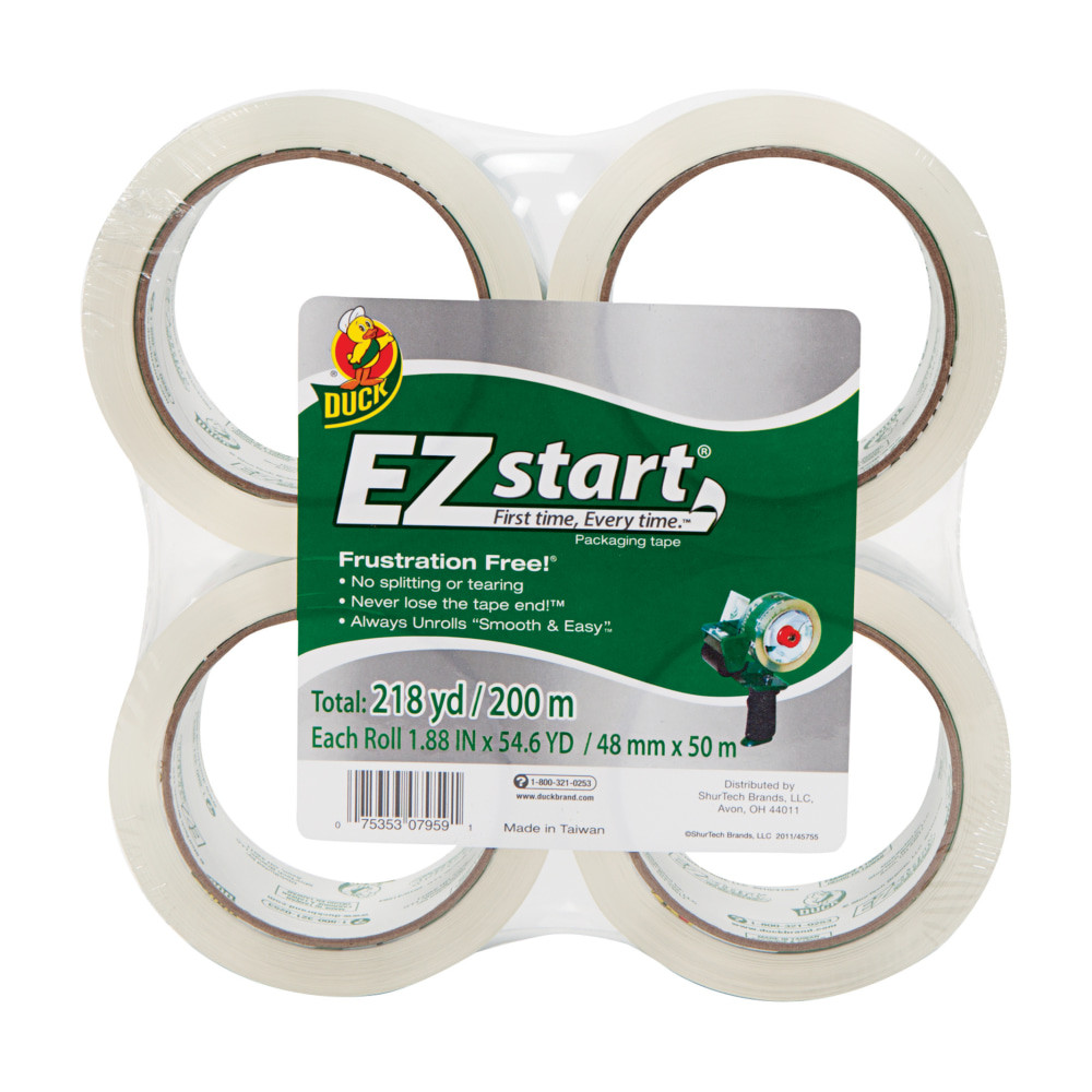 SHURTECH BRANDS, LLC Duck 280068  Brand EZ Start Crystal Clear Packaging Tape - 54.60 yd Length x 1.88in Width - 2.6 mil Thickness - 3in Core - Acrylic - 4 / Pack - Crystal Clear