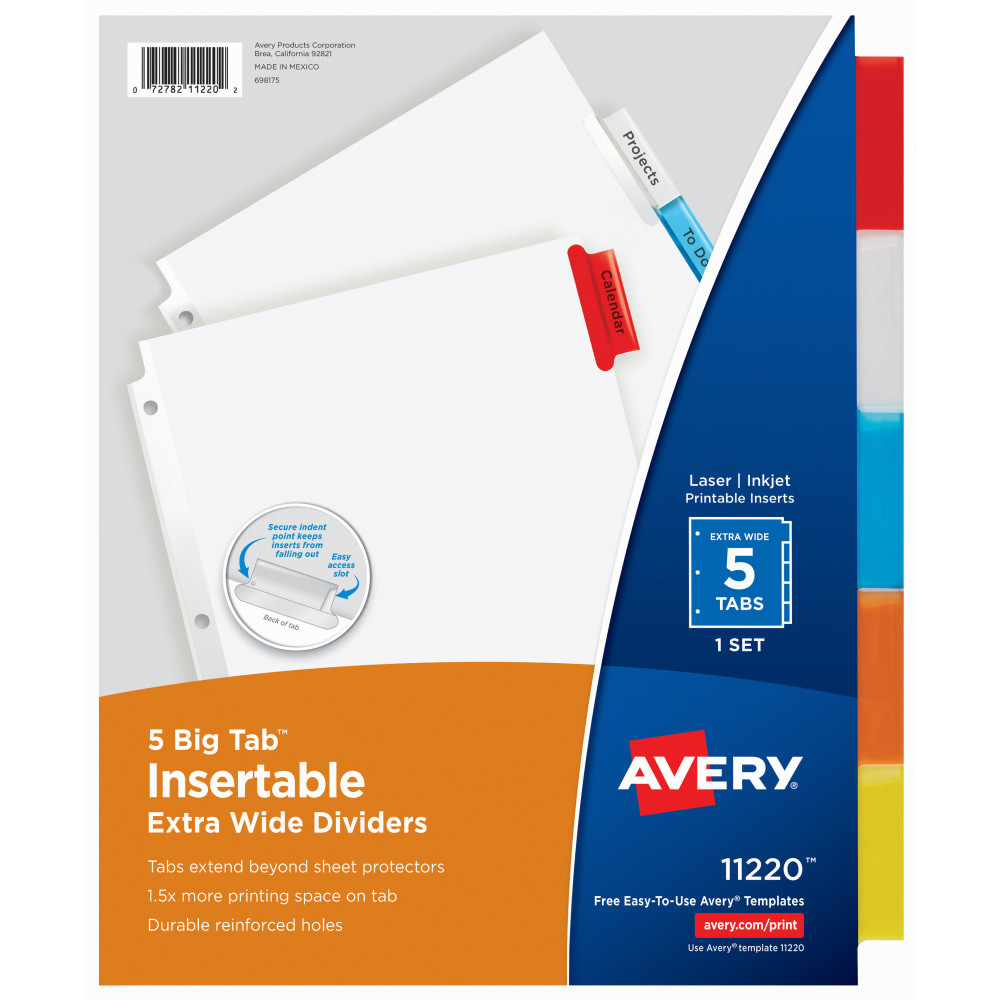 AVERY PRODUCTS CORPORATION 11220 Avery Big Tab Extra-Wide Insertable Dividers, 9-1/4in x 11-1/8in, Clear Reinforced, White/Multicolor, 5-Tab