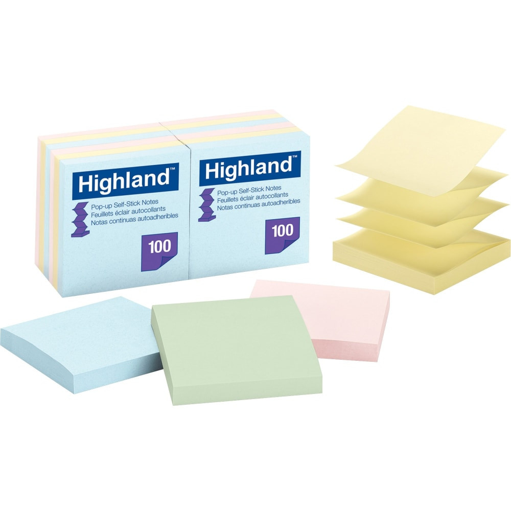 3M CO 6549PUA Highland Self-Sticking Pop-up Notes, 3in x 3in, Assorted, Pack of 12 Pads