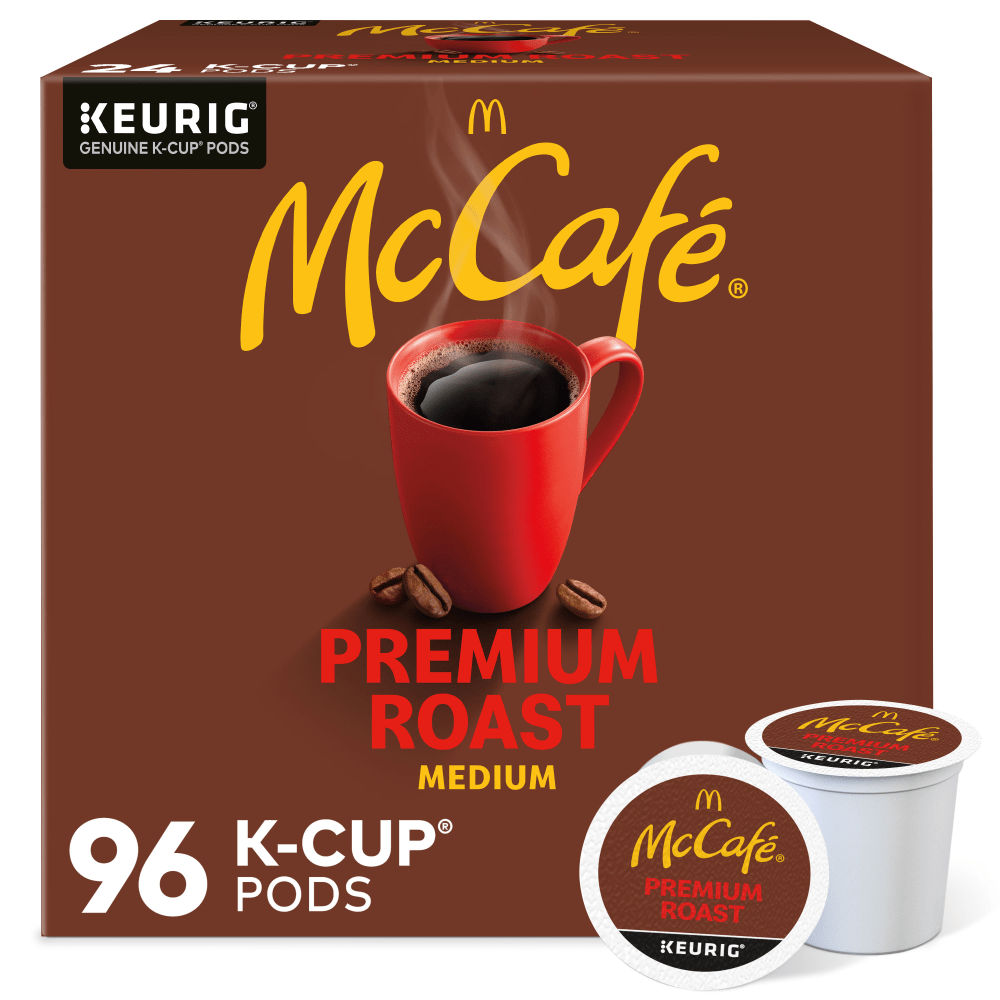 Enjoy a delicious cup of coffee at home or at the office with this box of K-Cup pods. The pods provide a single serving each of a medium roast that contains 100% Arabica beans to offer a tasty flavor with every sip.  100% Arabica beans offer a bold, medium roast.  Single serving to fill your cup.  Built-in filter requires no measuring.  McCafe is not affiliated with Keurig or K-Cup. K-Cup is a registered trademark of Keurig Incorporated.  Delicious premium roast blend.