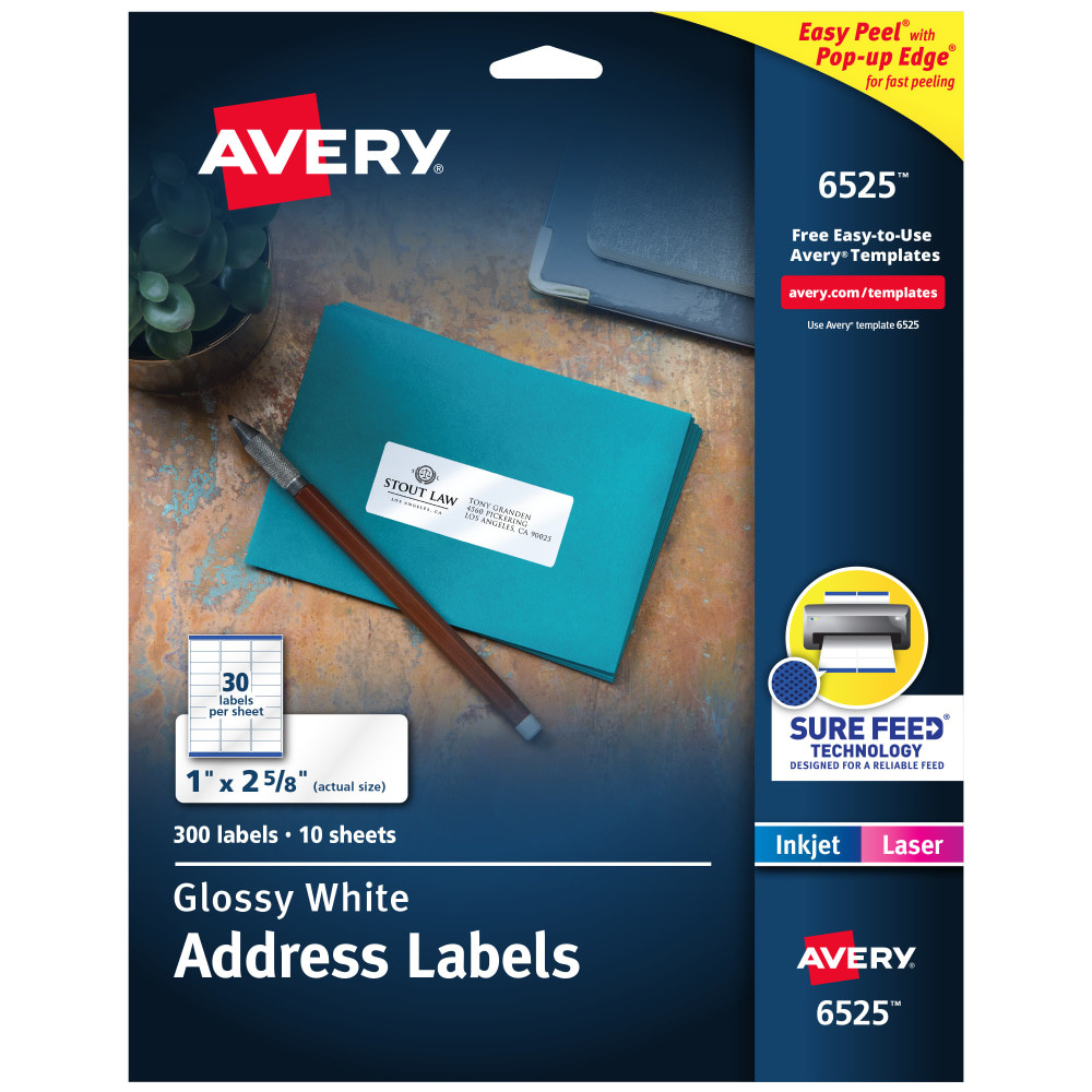 AVERY PRODUCTS CORPORATION Avery 6525  Address Labels With Sure Feed And Easy Peel Technology, 6525, Rectangle, 1in x 2-5/8in, Glossy White, Pack Of 300