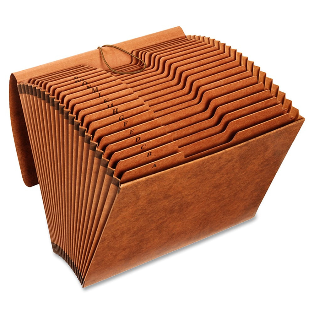 Organize office paperwork for easy accessibility with this brown Globe-Weis accordion file folder. The extra-thick flap with an elastic cord offers a secure seal, while the durable Tyvek reinforcement at the corners and a gusset top withstand daily handling. With an A-Z design, this folder makes arranging files for easy reference simple. This Globe-Weis accordion file folder features large dual-top tabs with a straight alignment for easy viewing and holds letter-size sheets for instant organization.  80-pt. stock material offers lasting protection.  Large dual-top tabs with a straight alignment allow easy viewing.  Brown color delivers a professional look.  Ideal for keeping paperwork organized for easy referencing.  The extra-thick flap securely holds documents inside.  .