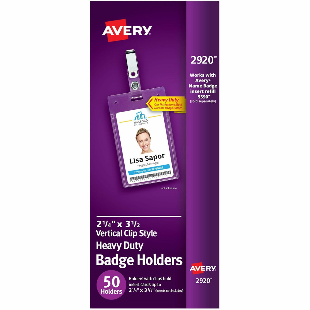 Avery Avery&reg; 2920 Avery(R) Heavy Duty Badge Holders, 3.5" x 2.25" , 50 Vertical Name Badge Holders with Clips (2920)
