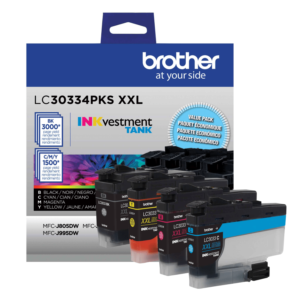 Compatible Brother models: MFC : MFC-J805DW, MFC-J805DW XL, MFC-J815DW XL, MFC-J995DW, MFC-J995DW XL.  .  Print large workloads with the Brother LC3033 Genuine High-Yield Multi-Pack Ink. These cartridges deliver vivid, dynamic results.  Yields up to 1,500 pages per cartridge in color.  Yields up to 3,000 pages per cartridge in black.  Offers bold, vivid results.  Helps Avoid Waste - Designed for extended use, helping reduce or eliminate material use and potentially save money.  Recycling solution - designed to encourage recycling, helping you divert materials from landfill.