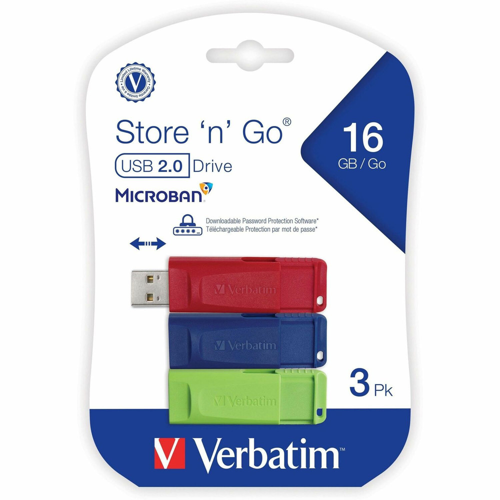 Verbatim America, LLC Microban 99122 16GB Store 'n' Go&reg; USB Flash Drive - 3pk - Red, Green, Blue