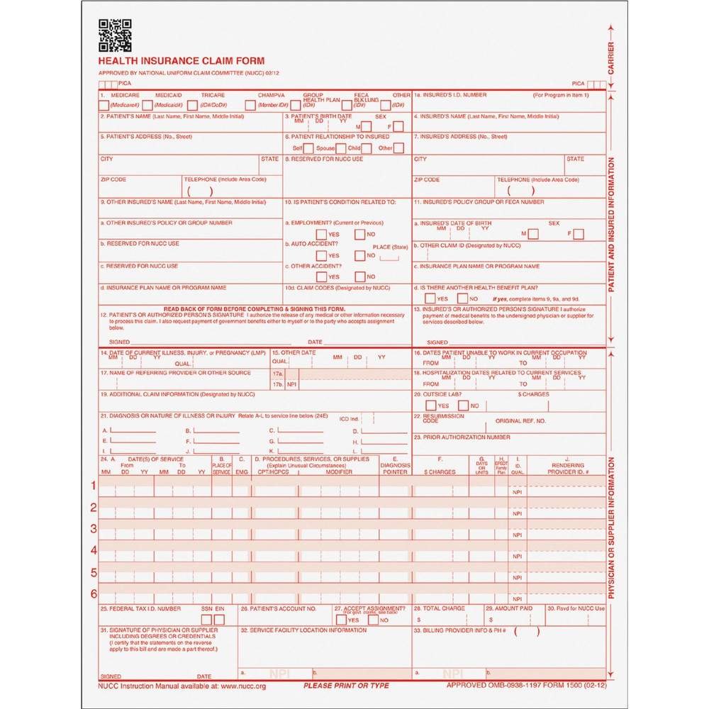 TOPS Products TOPS 50135RV TOPS CMS-15000 Health Insurance Claim Forms