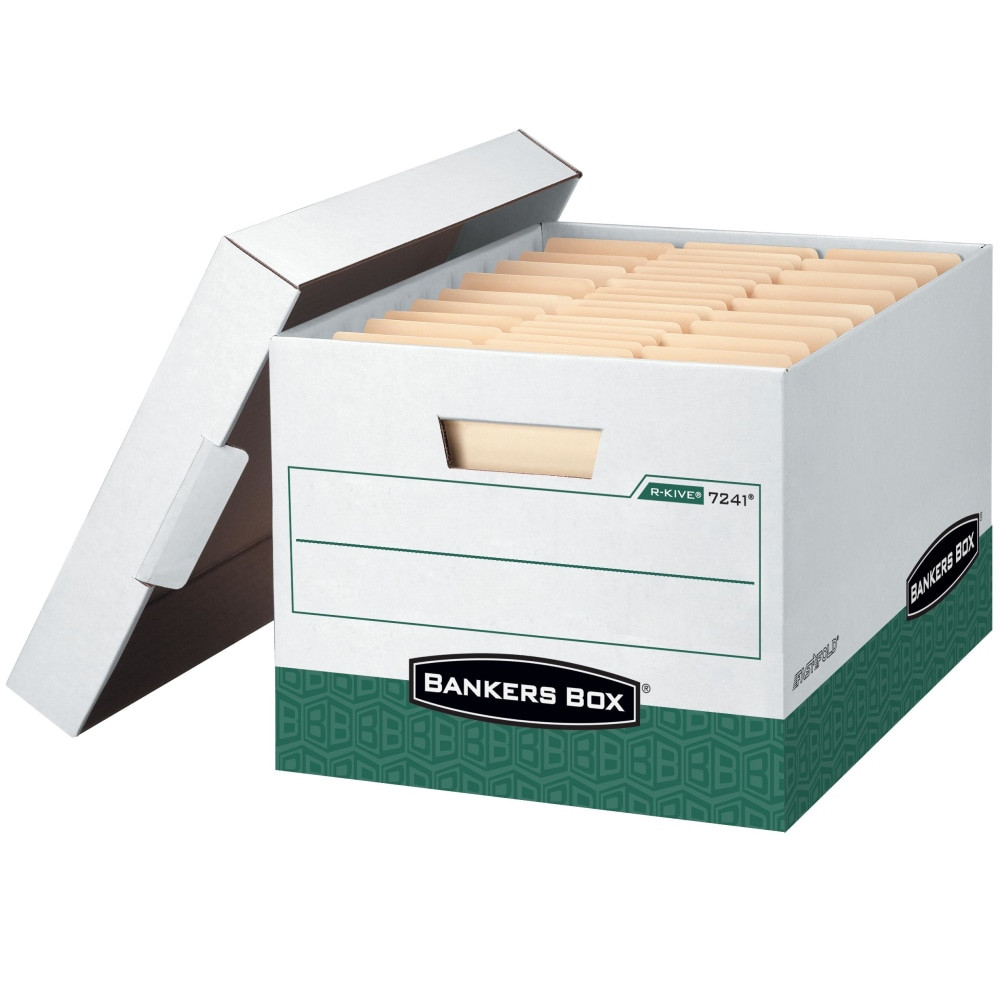 FELLOWES INC. 07241 Bankers Box R Kive Heavy-Duty Storage Boxes With Locking Lift-Off Lids And Built-In Handles, Letter/Legal Size, 15in x 12in x 10in, 60% Recycled, White/Green, Case Of 12