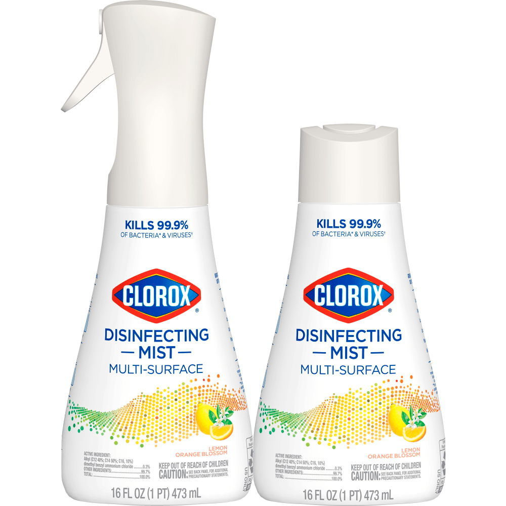 Make sure your surfaces are clean and free of germs with the Clorox Disinfecting Mist Multi-Surface Spray. This spray bottle features a generous mist to cover a large space and eliminates 99.9% of bacteria and viruses.  Kills 99.9% of bacteria and viruses, including the virus that causes COVID-19.  Works on counters, couches, plastic toys and other hard or soft surfaces.  Continuous spray technology offers a mist that helps cover a large area.  Aerosol- and bleach-free formula.  Sprayer is reusable (refill bottles sold separately).  Includes 1 spray bottle and 1 refill at 16 oz each.  Antimicrobial is an agent that kills microorganisms or stops their growth.