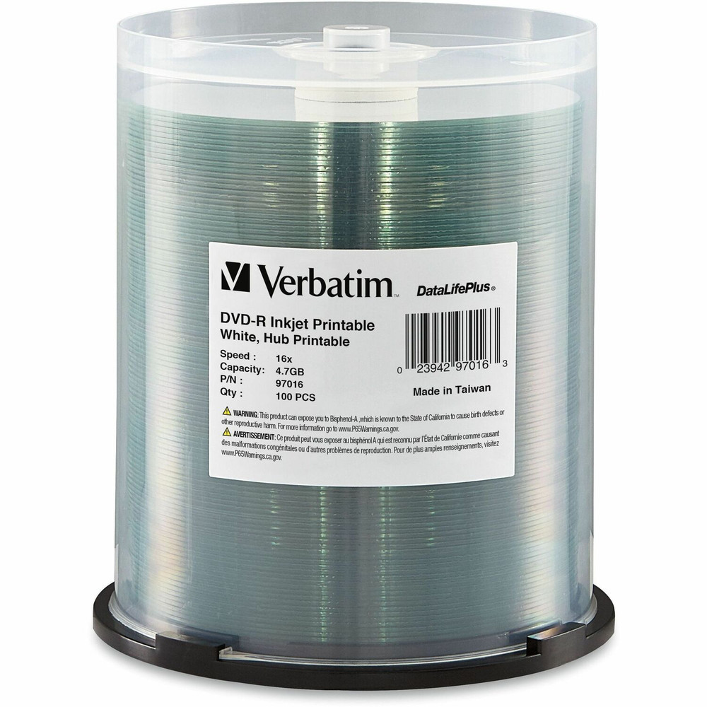Verbatim America, LLC Verbatim 97016 Verbatim 97016 DVD Recordable Media - DVD-R - 16x - 4.70 GB - 100 Pack Wrap