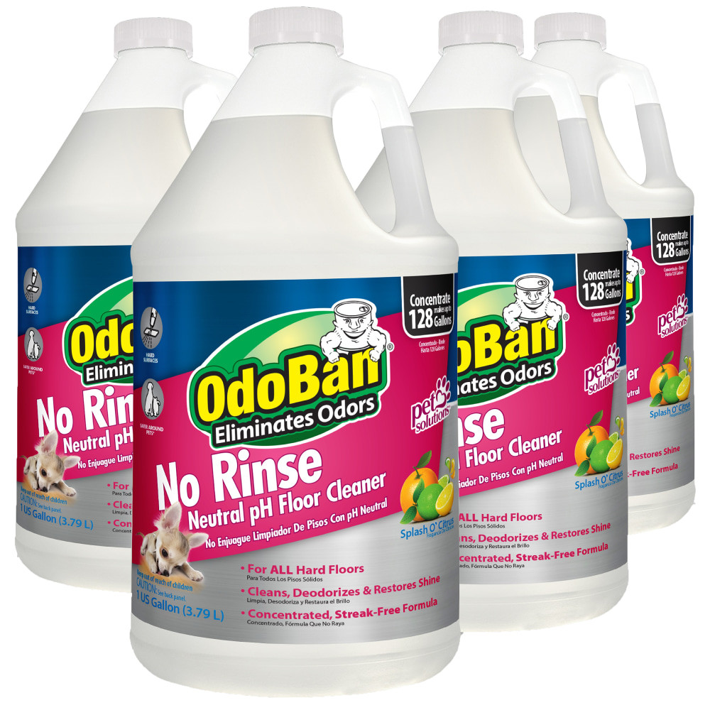 Keep animal accidents from causing problems by choosing OdoBan Pet Solutions No-Rinse Neutral pH Floor Cleaner Concentrate. This no-rinse formula helps manage all kinds of pet messes and works on a wide selection of surfaces, including marble, glass, vinyl and countertops.  Naturally derived surfactant system to help clean laminate, vinyl, glazed tile, asphalt tile, rubber, sealed wood, sealed concrete, marble, granite and natural stone flooring as well as countertops, toilets, sinks and glass surfaces.  No-rinse formula helps pull away residue and odors from pet accidents and also works on blood, grass and other pet-related debris.  Designed to make up to 128 gallons using a single gallon of concentrate.  Jug allows simple pouring.
