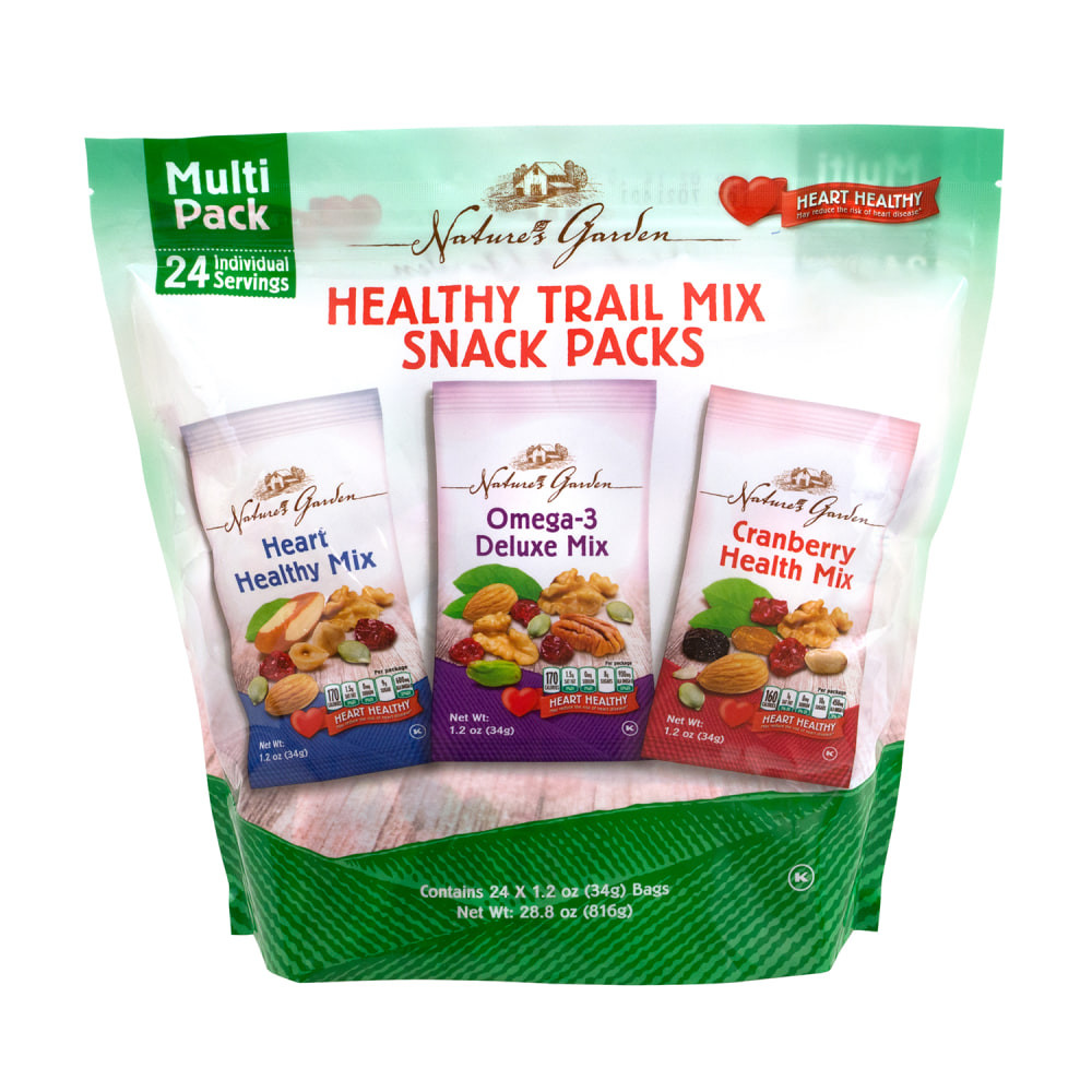 Bring these Natures Garden mix snack packs on the road or fill your desk drawer to fight hunger during the day. The healthy trail mix snack offers 1.2 oz per pouch, so you can enjoy a delicious afternoon treat.  Tasty mix of flavors to keep you going.  1.2-oz pouches are great for snacking at work or on the road.  Packed with protein and vitamins.  Kosher and free of cholesterol and trans fat.  Trail mix snack packs are available in a pack of 24.