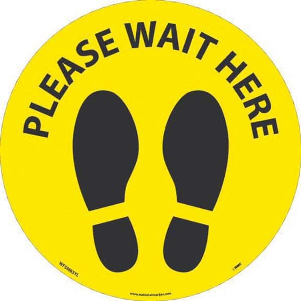 AccuformNMC WFSM83YL COVID-19 Adhesive Backed Floor Sign: Circle & Oval, Vinyl, ''Please Wait Here''