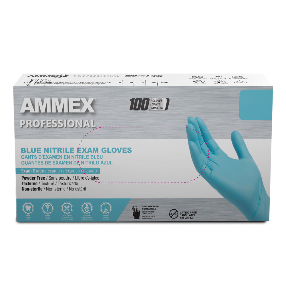 AMMEX CORPORATION Ammex Professional APFN44100-BX  Powder-Free Exam-Grade Nitrile Gloves, Medium, Blue, Box Of 100 Gloves