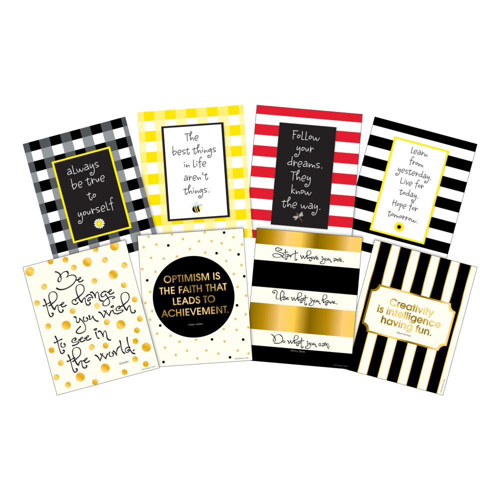 Creating a positive environment for learning can help motivate students to push past their boundaries. These colorful art prints provide kids with an inspiring quote that can spark their imaginations.  Eye-catching art prints contain motivational quotes that help inspire and stir the imaginations of your students.  Colorful art prints are suitable for framing. Frame not included.  Each piece measures 8in x 10in.  Art prints are great for the classroom, workplace or home.  Gold and buffalo plaid provide a unique style.