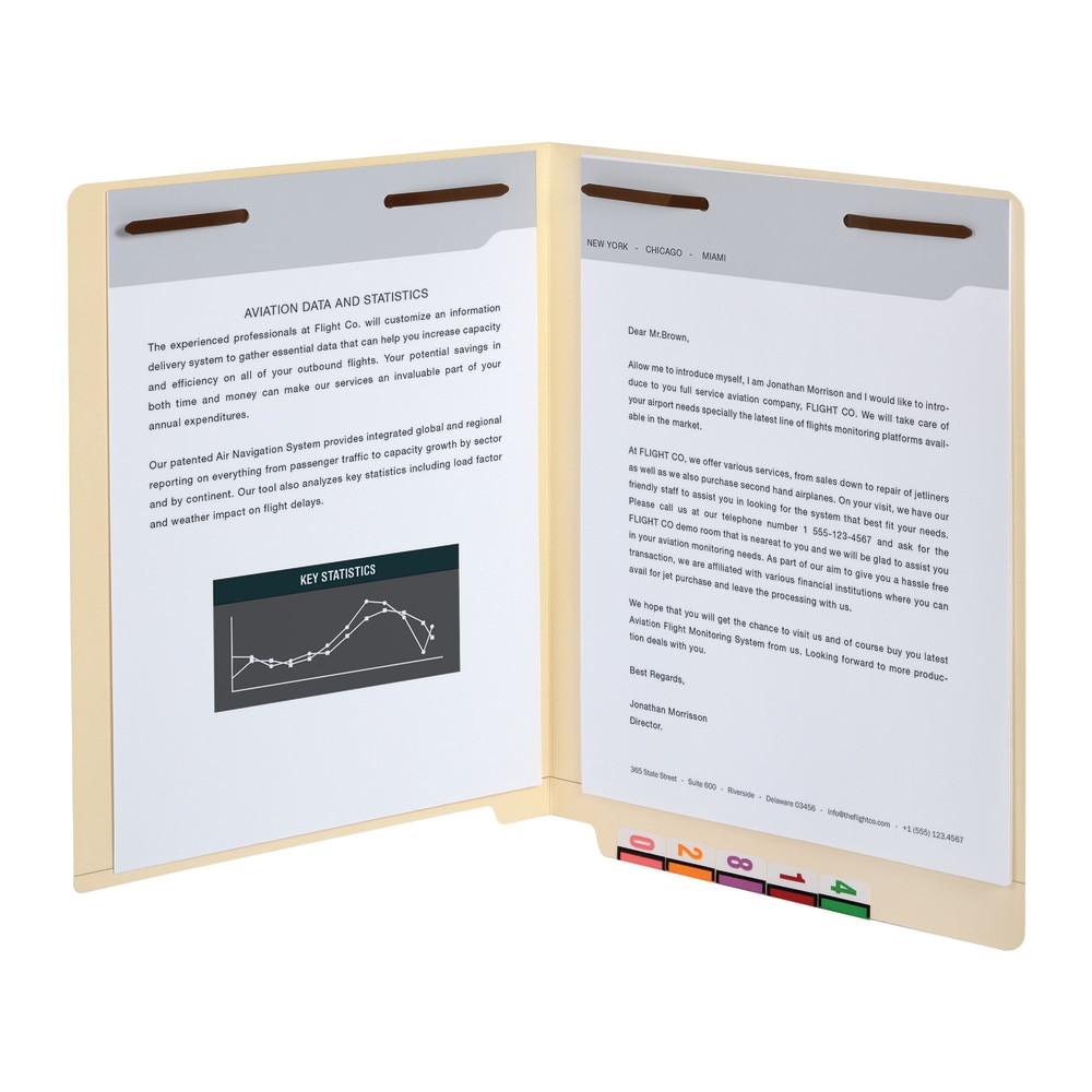 Access your documents at any time. Secure them together in Office Depot end-tab fastener folders to flip through during meetings and easily find the page you are looking for.  11-pt manila stock construction for durability.  2 bonded fasteners securely hold your documents. 2in capacity.  Double-ply, straight-cut tabs.  Letter-size (8 1/2in x 11in) folders with straight-cut tabs promote easy organization.  Manila fastener folders come in a box of 50.  Letter size