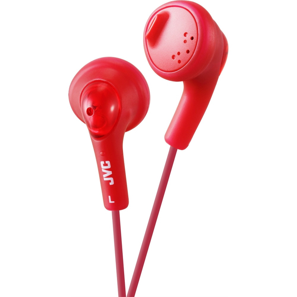 Rock out to your favorite songs or listen to a podcast with these JVC Gumy earbuds. The JVC earbuds deliver booming bass and feature an oval shape that helps keep them in your ears.  Neodymium 13.5 mm drivers and a bass-boosting design to help provide high-quality sound.  Oval shape and rubber bodies to offer a soft, secure fit.  Frequency response: 15 Hz - 20 kHz.  Offers an impedance of 16 ohms and a sensitivity of 108 dB/1 mW.  Wired earbuds come with a 3.3ft cord that is designed to prevent tangling.  Backed by the manufacturers 90-day limited warranty.  Red adds a burst of color.