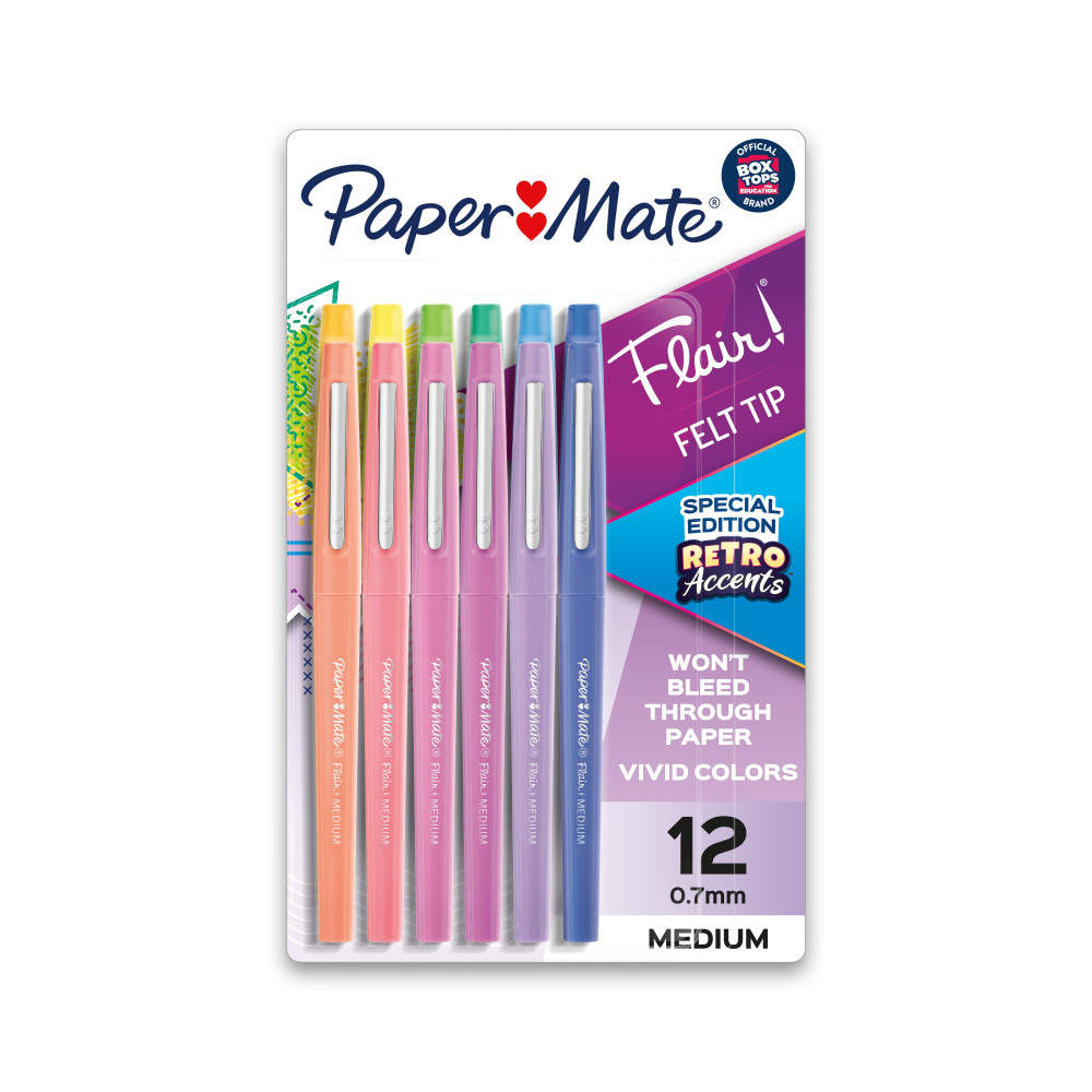 SANFORD LP Paper Mate 2097886  Flair Felt Tip Pens, Medium Point, Assorted, Special Edition Retro Accents, 12 Pack