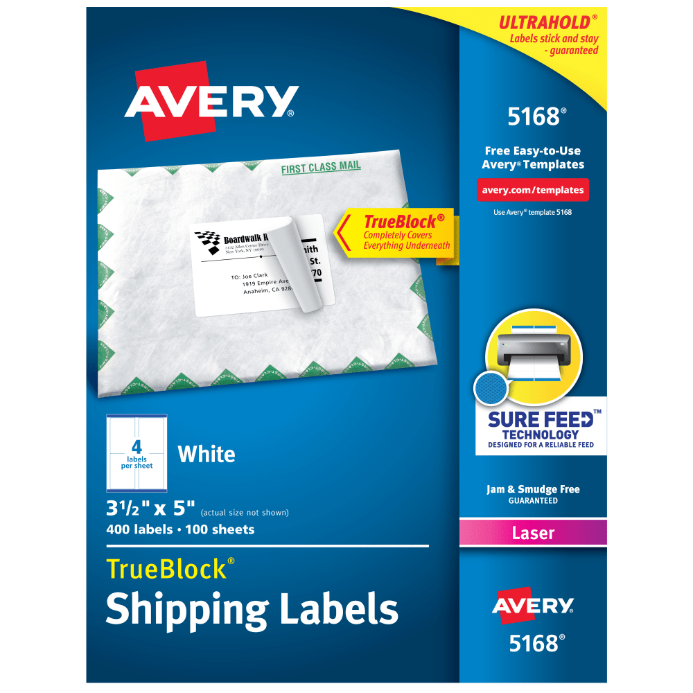 Shipping labels are perfect for high-volume shipping and mailing jobs, as well as for creating custom labels for gift tags, crafting, party favors and more. These labels are optimized for laser printers and feature Sure Feed technology for a reliable feed through your printer for better alignment and jam-free printing. Cutting-edge TrueBlock technology lets you cover up everything underneath the labels, so you can reuse boxes and block out markings and errors to achieve a polished, professional look on the bright white labels. Creating your own personalized labels with these shipping label stickers is fun and easy. Personalize your printable labels with logos, graphics or images using the free shipping labels template and designs at avery.com/templates.  Labels feature proprietary Sure Feed technology to deliver a more reliable feed through your printer, preventing misalignments and jams.  TrueBlock technology completely covers everything underneath for a professional look on packages.  Create customized labels for mailing and shipping, gifts tags, crafts and more with labels optimized for laser printers.  Add your own logo, graphics or unique images to your designs with free templates at avery.com/templates.  Compatible with laser printers.  Forest Stewardship Council (FSC) certified - made from wood/paper that comes from forests managed to rigorous environmental and social standards, supported by the worlds leading conservation organizations.  Leadership forestry - from forests or sourcing programs that meet specific environmental standards, helping you support practices that better protect forests and the environment.