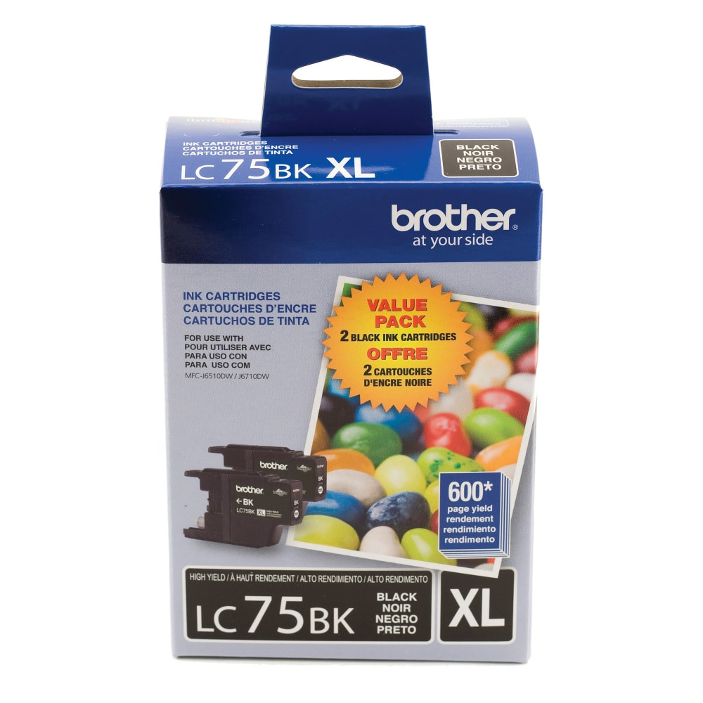 BROTHER INTL CORP LC752PKS Brother LC75 Black High-Yield Ink Cartridges, Pack Of 2, LC75BK