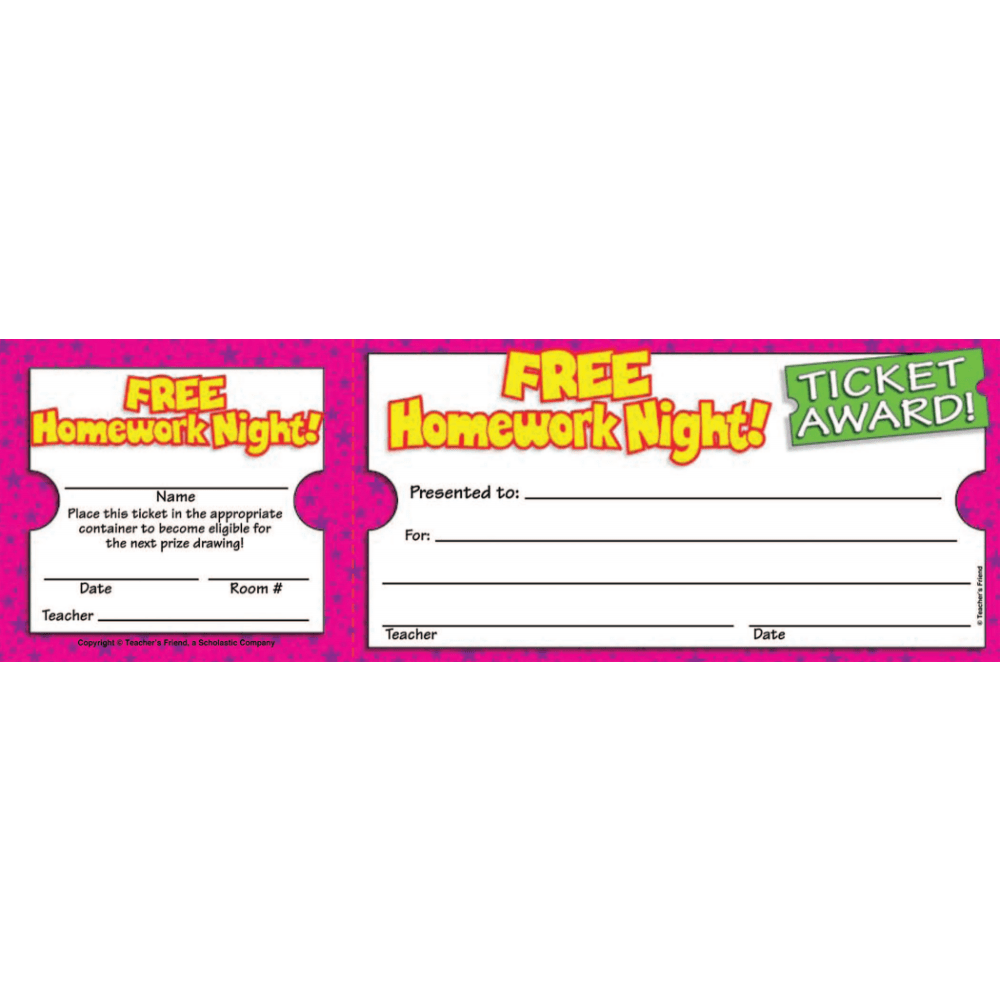 SCHOLASTIC INC 9780545119184 Scholastic Teachers Friend Free Homework Night Ticket Awards, 8 1/2in x 2 3/4in, Grade K - 5, Pack Of 100