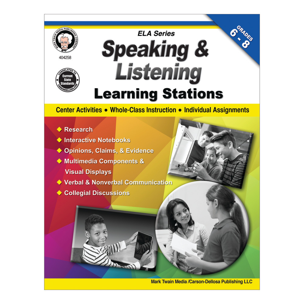 Students can learn valuable presentation skills in your classroom with the activities in this book. Working as individuals or in small groups helps kids improve listening and speaking abilities through engaging learning stations.  Activities help students develop presentation skills.  Each unit includes multiple learning stations that focus on ELA speaking and listening standards.  Meets Common Core standards.  Designed for 6th grade, 7th grade and 8th grade students.  Includes teacher pages, station activities, handouts, answer keys and an interactive notebook unit.