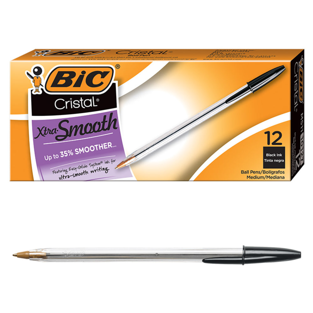 BIC CORP MS11-BLK BIC Cristal Ballpoint Pens, Medium Point, 1.0 mm, Clear Barrel, Black Ink, Pack Of 12