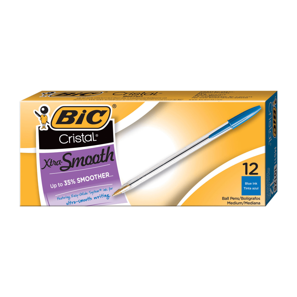 BIC CORP BIC MS11-BLU  Cristal Ballpoint Pens, Medium Point, 1.0 mm, Clear Barrel, Blue Ink, Pack Of 12
