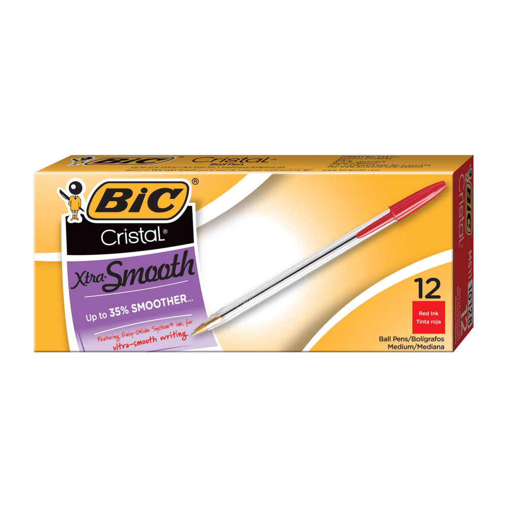 BIC CORP BIC MS11-RED  Cristal Ballpoint Pens, Medium Point, 1.0 mm, Clear Barrel, Red Ink, Pack Of 12