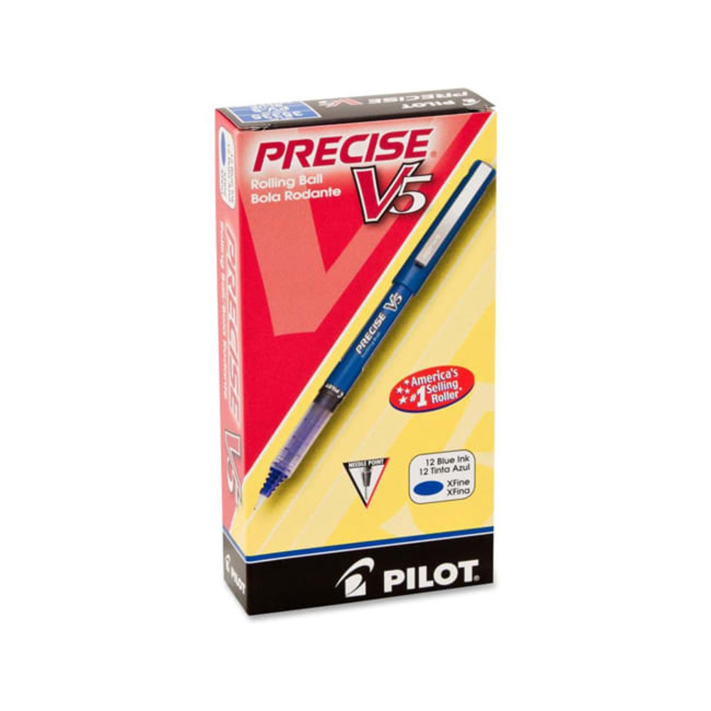 Make crisp, clean strokes, even across small or cramped writing surfaces, with these Pilot Precise V5 pens. These Pilot liquid-ink pens have an advanced ink system that delivers smooth lines for optimal control.  Patented precise needle-point technology lets you write in the smallest of spaces.  Innovative liquid-ink formula maintains consistent flowing strokes as you write. The advanced ink-feed system of the Pilot pens also helps deliver smooth, skip-free writing.  Long-lasting visible ink supply. See-through barrel window lets you know how much ink is left.  Contoured grip for comfort. Barrel conveniently tapers toward the base so your fingers enjoy a more natural hold.  Nonrefillable.  These blue-barrel/blue-ink pens are ideal for writing notes in page margins or detailing labels, dividers and file folders.  Includes Pilot Precise V5 (0.5-mm/fine-point) rollerball liquid-ink pens in a pack of 12.