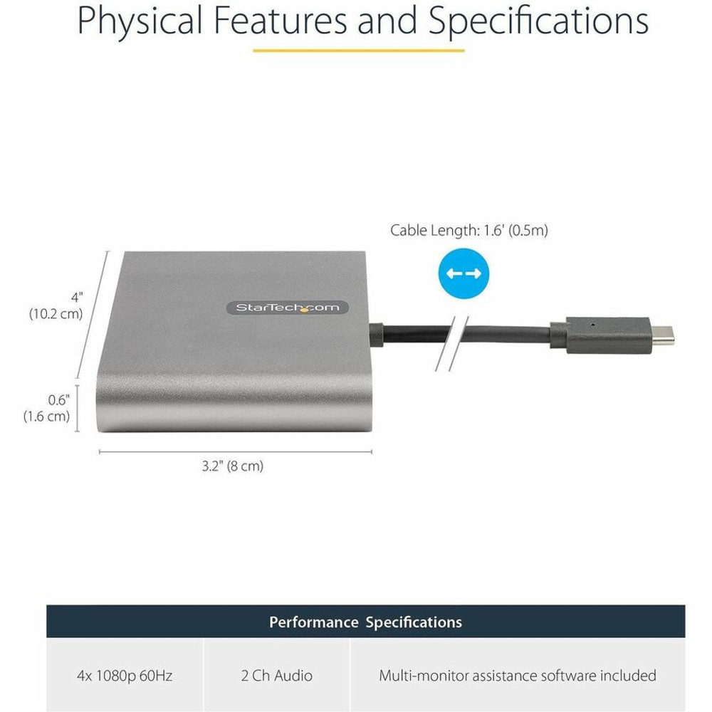 StarTech.com USBC2HD4 StarTech.com USB C to 4 HDMI Adapter, External Graphics Card, 1080p, USB Type-C to Quad HDMI Monitor Display Adapter/Converter, Windows