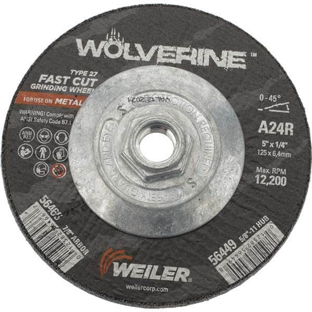 Weiler 56449 Depressed Grinding Wheel:  Type 27,  5" Dia,  1/4" Thick,  Aluminum Oxide
