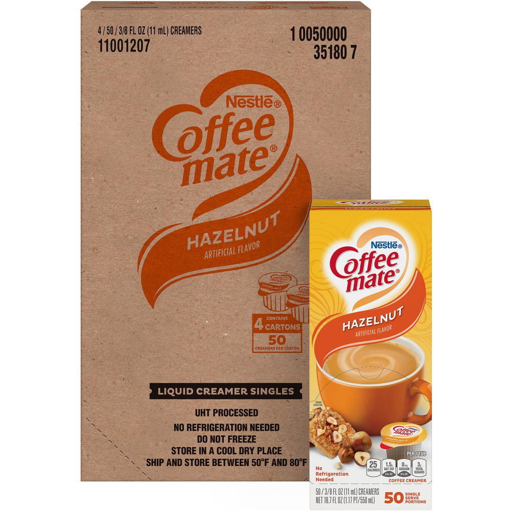 Save on coffeehouse trips with Coffee-mates sweet and warming Hazelnut Liquid Creamer. Supplied in single serve jiggers, these creamers are great for the office breakout area or to throw in a purse for an on-the-go flavor hit.  Save fridge space for your lunch bag, these single serve creamers are good straight from the cupboard.  Presented in branded dispenser boxes, keeping your worktops free of mess and making your flavor of choice easy to identify.  With a 9 month shelf life, ideal for hotel rooms, offices and at home.  Warm and nutty, hazelnut flavor creamer makes even a simple coffee special.  Simply stir into hot or cold drinks for an easy flavor boost.  Kosher, lactose-free and cholesterol-free, creamers are a great alternative to  areal milk.  Carton contains 4 dispensing boxes, each containing 50 single serve creamer pots.