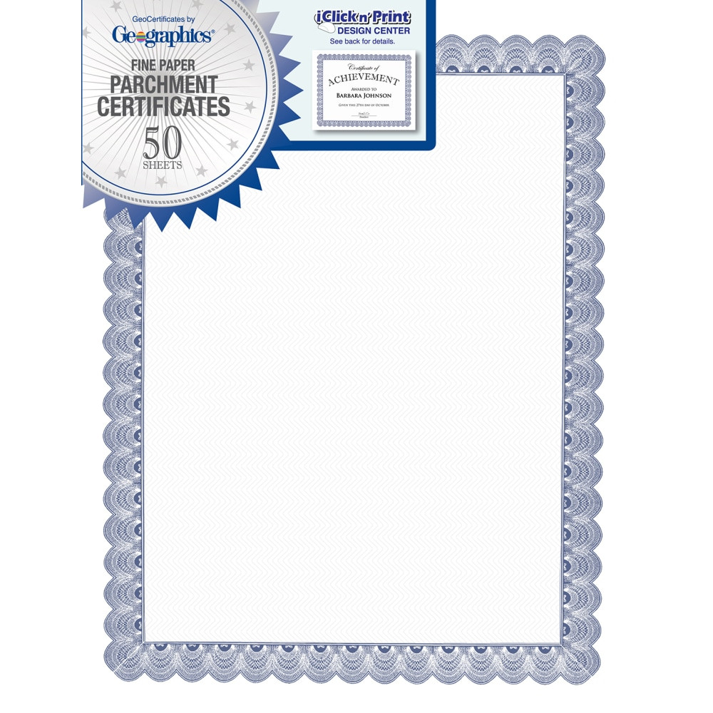 Award certificate features an elegant border that is printed on archival-quality parchment paper to let your recipients proudly showcase their acknowledgment for years to come. The perfect certificate to acknowledge special achievements, announcements, promotions, graduation, and more. For a professional touch, add Geographics Seals and Document Covers.  Letter-sized certificates are perfect for recognizing special achievements, awards, diplomas, promotions, announcements and more  Certificates are compatible with inkjet printers, laser printers, copiers, quick printing, and hand calligraphy, for professional-quality results  iClicknPrint free online design center features a large collection of templates for convenient customization  Contains Recycled Content - See Specs for Details.