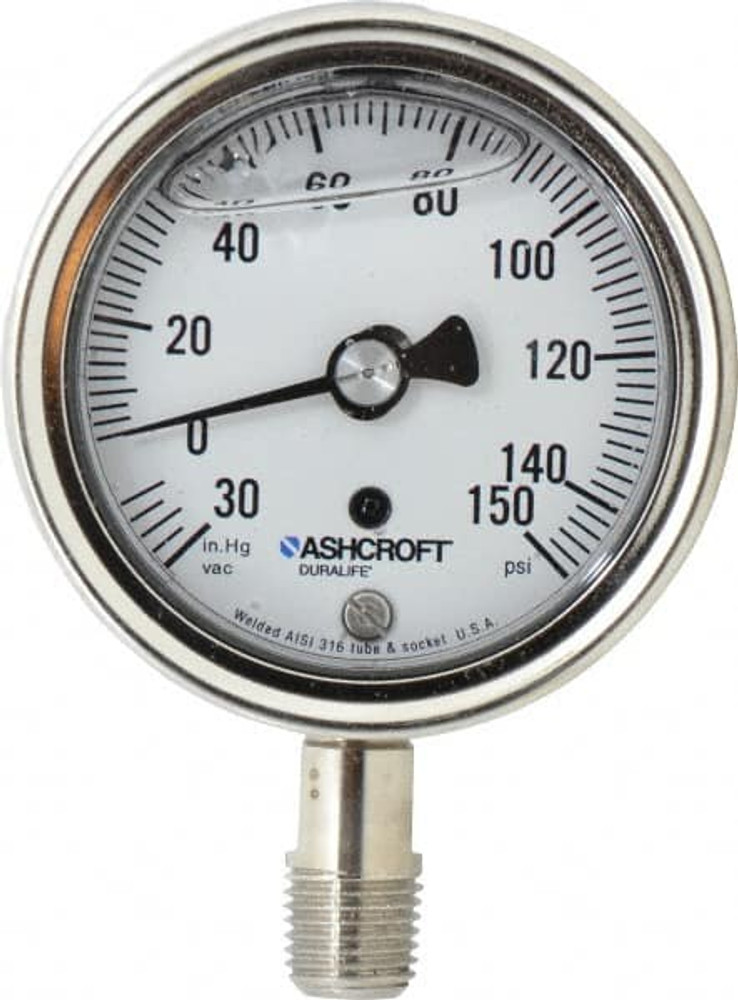 Ashcroft 83217 Pressure Gauge: 2-1/2" Dial, 150 psi, 1/4" Thread, NPT, Lower Mount