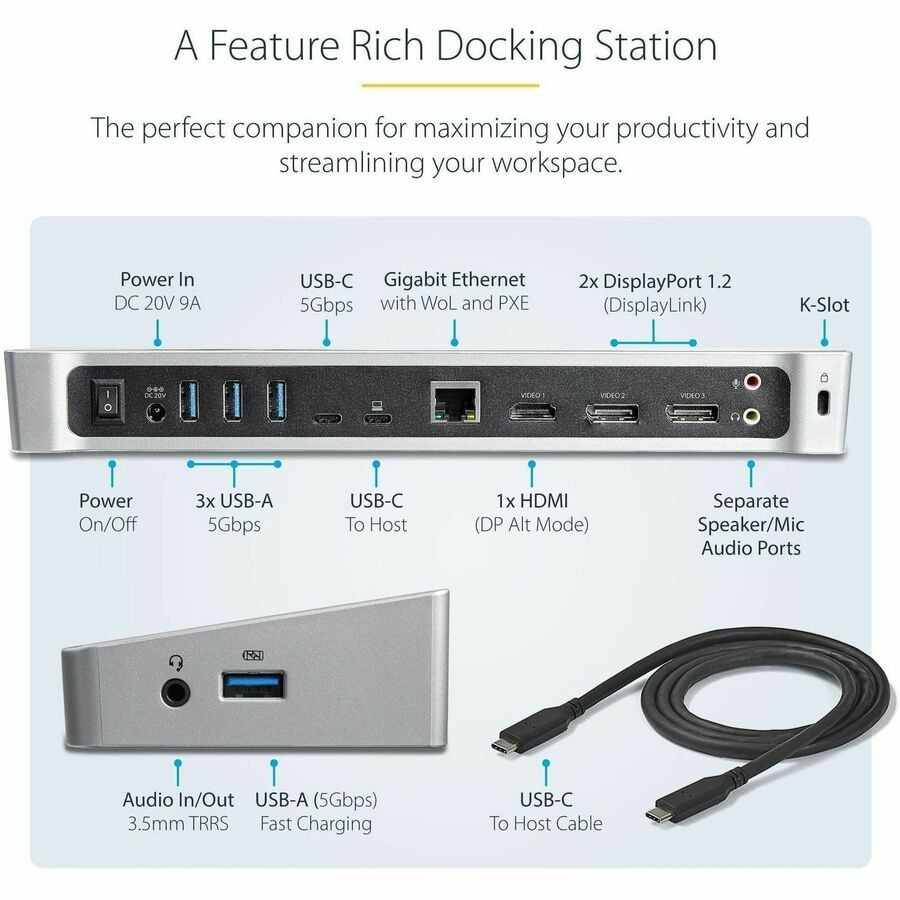 StarTech.com DK30CH2DPPD StarTech.com USB C Dock - Compatible with Windows / macOS - Supports Triple 4K Ultra HD Monitors - 60W Power Delivery - Power and Charge Laptop and Peripherals - DK30CH2DPPD
