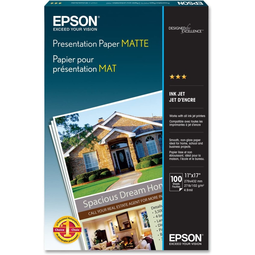 EPSON AMERICA INC. S041070 Epson Presentation Paper, Matte White, Ledger (11in x 17in), 100 Sheets Per Pack, 27 Lb, 90 Brightness