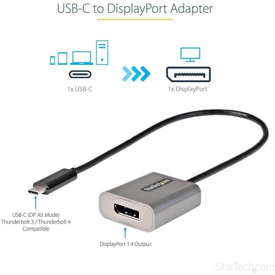 StarTech.com CDP2DPEC USB C to DisplayPort Adapter, 8K/4K 60Hz USB-C to DisplayPort 1.4 Adapter, DSC, USB Type-C to DP Video Converter, w/12" Cable