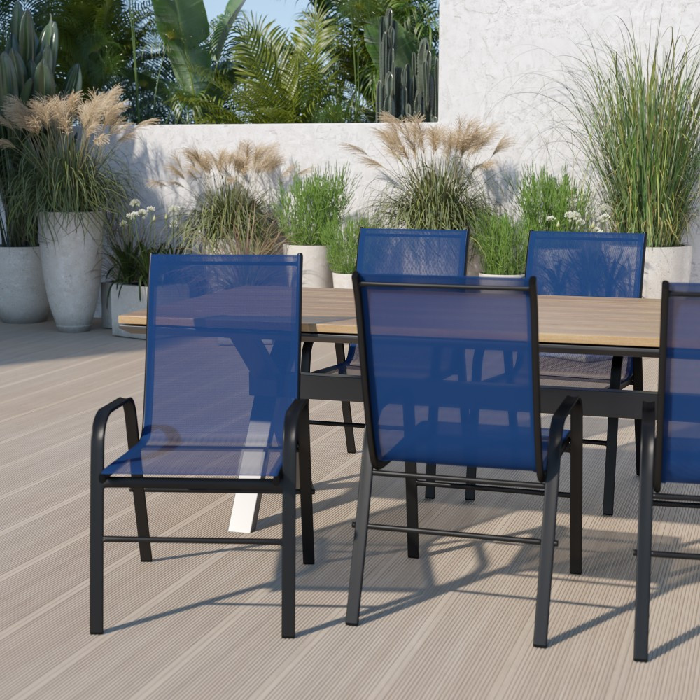 FLASH FURNITURE 5JJ303CNV  Brazos Series Outdoor Stack Chairs, Black/Navy, Set Of 5 Chairs