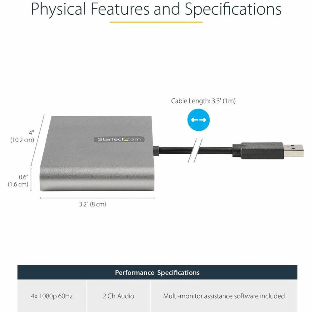 StarTech.com USB32HD4 StarTech.com USB 3.0 to 4 HDMI Adapter, External Graphics Card, 1080p, USB Type-A to Quad HDMI Monitor Display Adapter/Converter, Windows