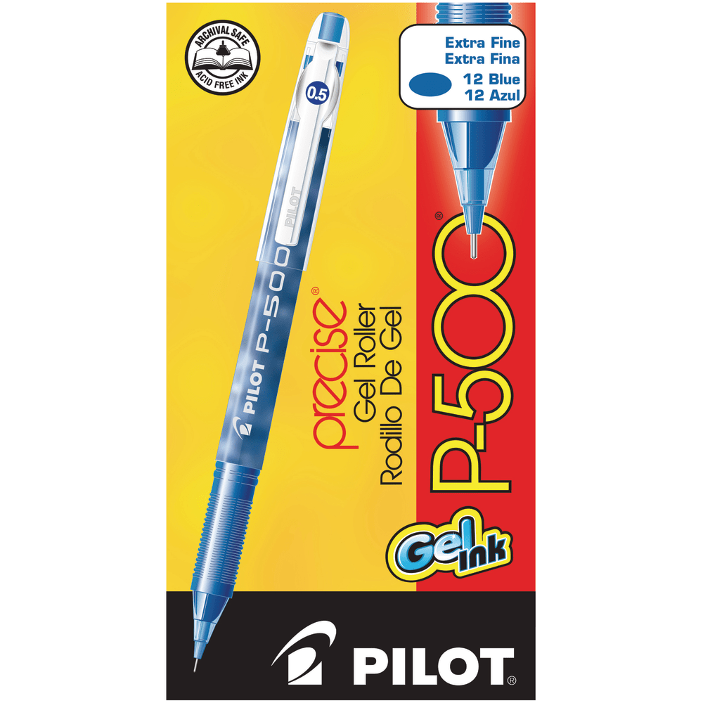 If you need a reliable writing utensil to help you get through the work day, reach for 1 of these Pilot gel pens. With Precise needle-point technology, these rollerball pens provide a smooth, consistent flow of ink.  Narrow 0.5 and 0.7 mm points for extreme fine-line writing. Both the 0.5 mm and 0.7 mm needle-point tips give you tremendous control of your writing. Create clear, legible text - even in the tightest spaces.  Gel ink flows without skipping. Enjoy a steady, stable ink flow from every stroke - with no hiccups or blotches! Quick-drying gel is smear-resistant, waterproof and acid-free so its great for archiving.  Unique ridged grooves add comfort and control. The stylish marbled barrels taper towards the base to fit perfectly in your fingers. Ridges prevent the pen from slipping and gently massage your fingers for more comfortable writing.  Nonrefillable.  Pilot P-500 offers a 0.5 mm tip.  Rollerball pen with blue ink for dark marks.