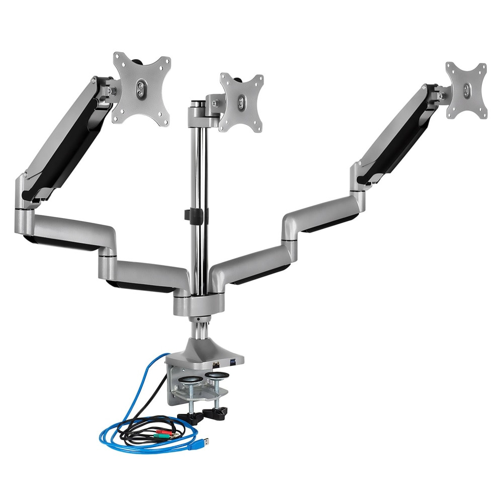 This triple monitor desk mount is a great addition to an ergonomic workspace, and provides the luxury of more desk room for other office essentials. Each VESA head bracket is compatible with 75mm x 75mm and 100mm x 100mm displays, and can hold 15.4 lbs. Swivel your monitors up to 180 degrees for portrait or landscape orientation, and tilt up or down 90 degrees. The cable management sleeves offer a clean, clutter-free look, while audio and USB 3.0 ports built into the base keep you entertained and charge your devices while you work.     MI-2753 is compatible with 75mm x 75mm and 100mm x 100mm VESA patterns and can hold a total of 46.2 lbs. (15.4 lbs. per monitor)    Full motion arms, each with easy-lift gas springs and positioning in portrait or landscape mode for optimum office or gaming use    Integrated USB 3.0 port and audio port are easily accessible on the front, and matching cables for each are hidden from view    Quick, easy installation with all hardware included    Sleek looking and ideal for offices, reception areas, hospitals, retail environments and modern homes  UNIVERSAL TRIPLE MONITOR DESK MOUNT: Fits 3 displays 24 25 26 27 28 29 30 31 32 inches in size, with a maximum support weight of 15.4 pounds each, using the 75x75mm or 100x100mm VESA square bolt hole pattern found on the back of the monitors. (measure distance, in millimeters, between bolt holes in the pattern if unsure of size)  FEATURES: Triple monitor stand has counter-balanced gas spring arms for effortless adjustments and features (1) USB 3.0 port, (1) audio port and matching extension cables for each. Has integrated cable management to keep your cords out of sight and is made out of heavy duty steel and aluminum alloy. Comes with interchangeable C-clamp and grommet base mounts for desktops up to 4 inches wide.  FULLY ADJUSTABLE: Three monitor stand outer arms can tilt up and down 90 degrees, swivel 360 degrees left and right, raise and lower, and monitors can be rotated and placed in portrait or landscape orientation independent of one another. TURN HEX BOLT ON TOP OF OUTER ARMS TO ADJUST THE GAS SPRING TENSION TO HOLD SCREENS IN PLACE (SEE VIDEO FOR DETAILS). Center monitor can be height adjusted with a tool-free turn of the mounting bracket arm.  EASY INSTALLATION: Triple monitor stand comes with all mounting hardware, tools, and instructions necessary for assembly. Quick-detach VESA plates come off with a push of a button and re-mount by simply sliding back on until they click in place. See instructional video for additional tips on functionality and assembly.  Supported by Limited Lifetime Warranty
