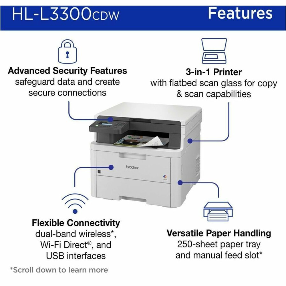 Brother Industries, Ltd Brother HLL3300CDW Brother HL-L3300CDW Wireless Digital Color Multi-Function Printer with Laser Quality Output, with Copy & Scan, Duplex and Mobile Printing